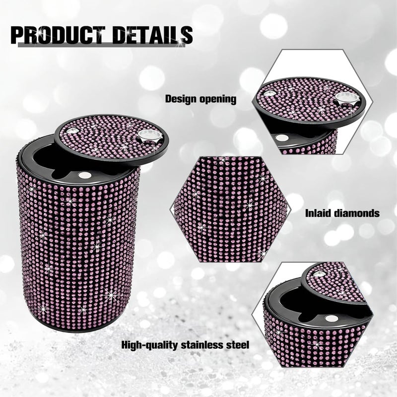 FALVFUN Bling Car Ashtray, Rhinestones Smokeless Smell Proof Vehicle Cup Holder Ash Tray with Lid, Sparkling Diamond Portable Automotive Interior Ashtray, Universal for SUV RV Truck (Pink) - Image 2